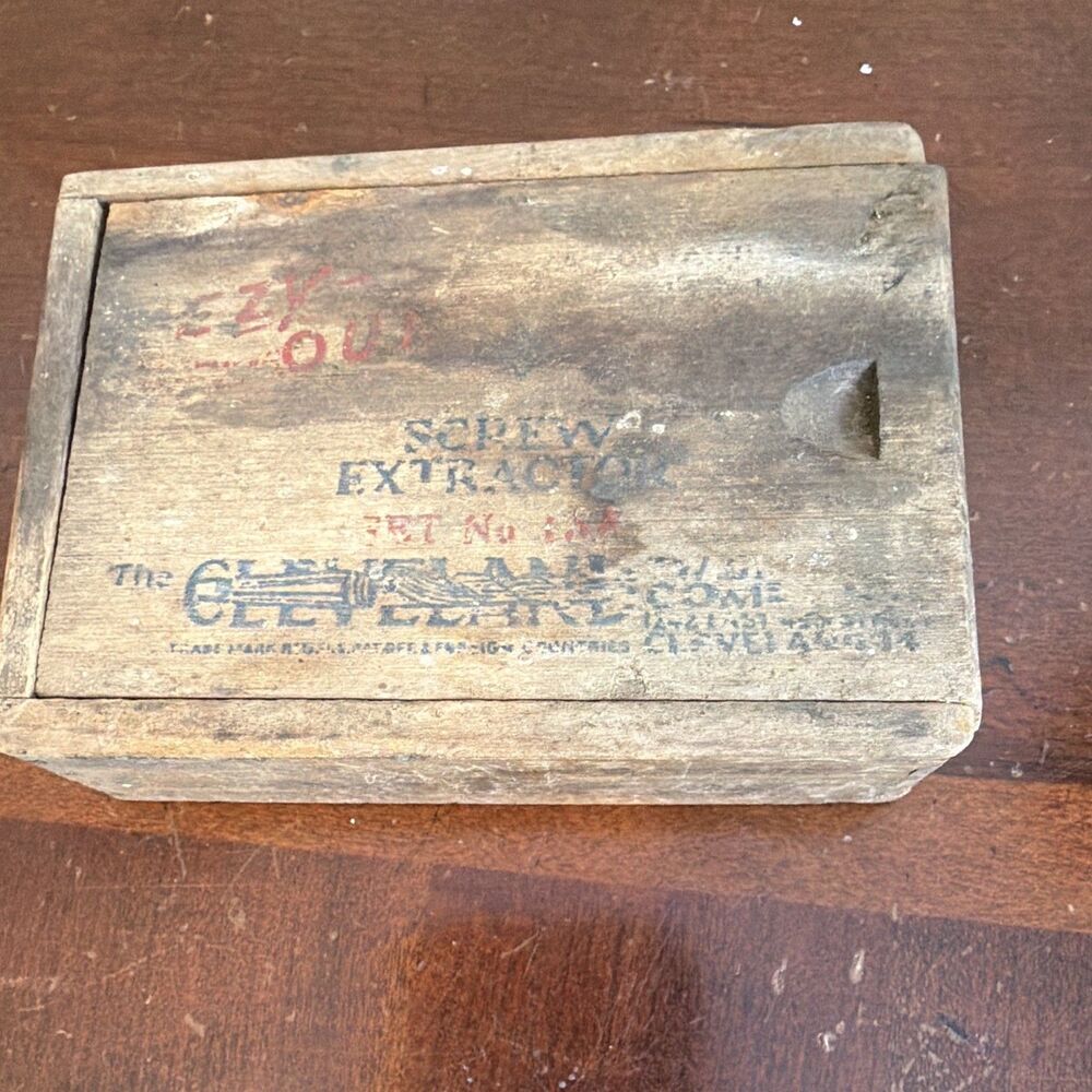 Vintage Wooden Sliding Lid Box Screw Extractor Set w/ Divider “EXTRACTO”
